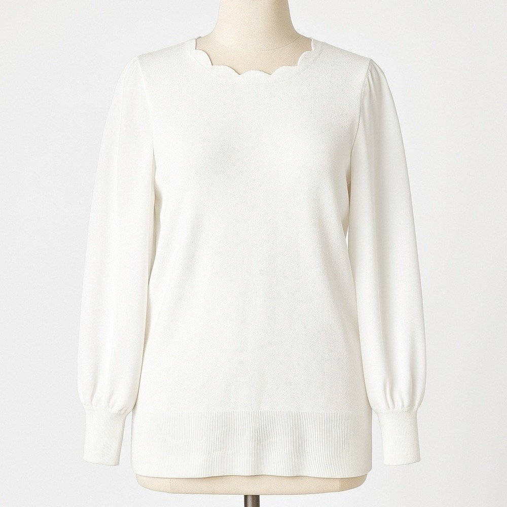 Fairy Scalloped Neck Long Sleeve Knit Top Sz S White Coquette Preppy Dainty Twee